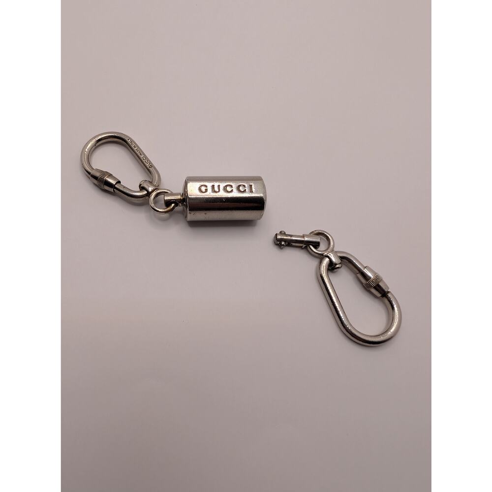 Gucci Double Carabiner Keychain Cylinder Logo Silver Tone Made in Italy - Picture 4 of 6